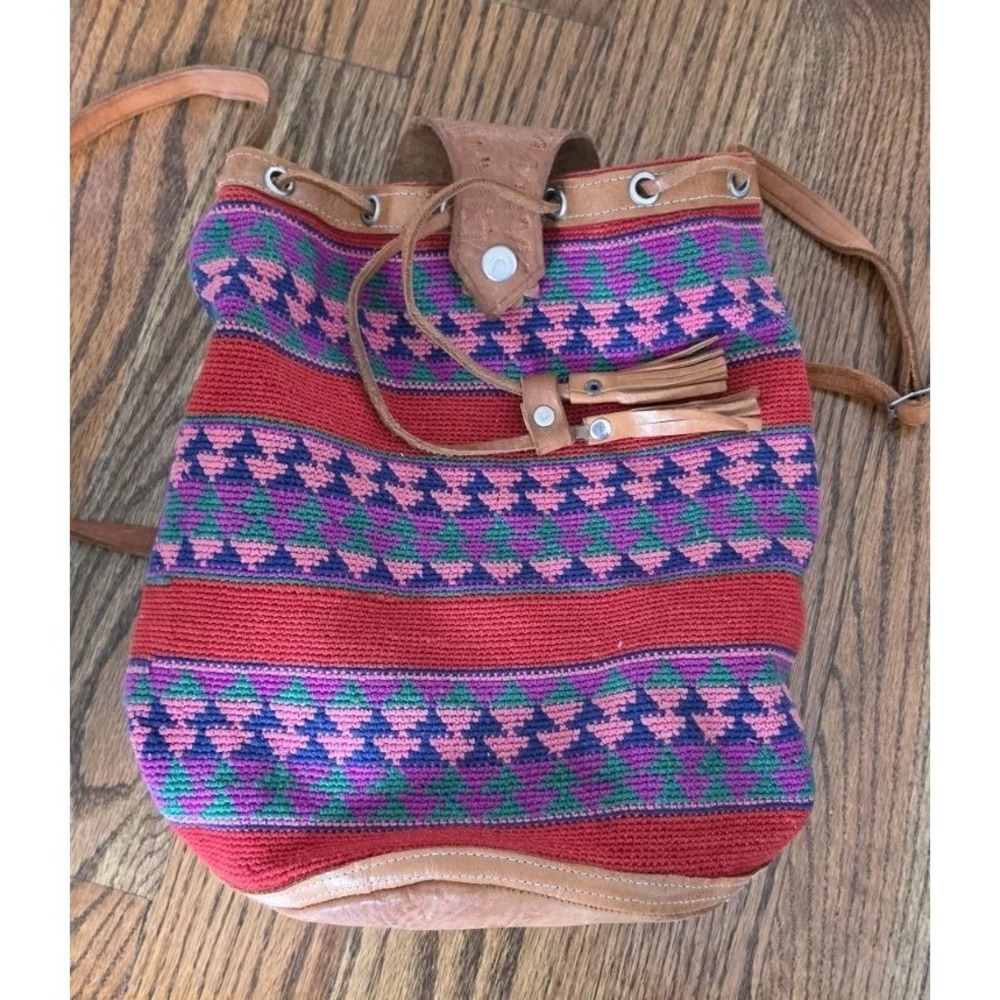 Boho Woven Leather Drawstring Bucket Crossbody Bag Colorful Hand Tooled Hippie - Picture 2 of 6